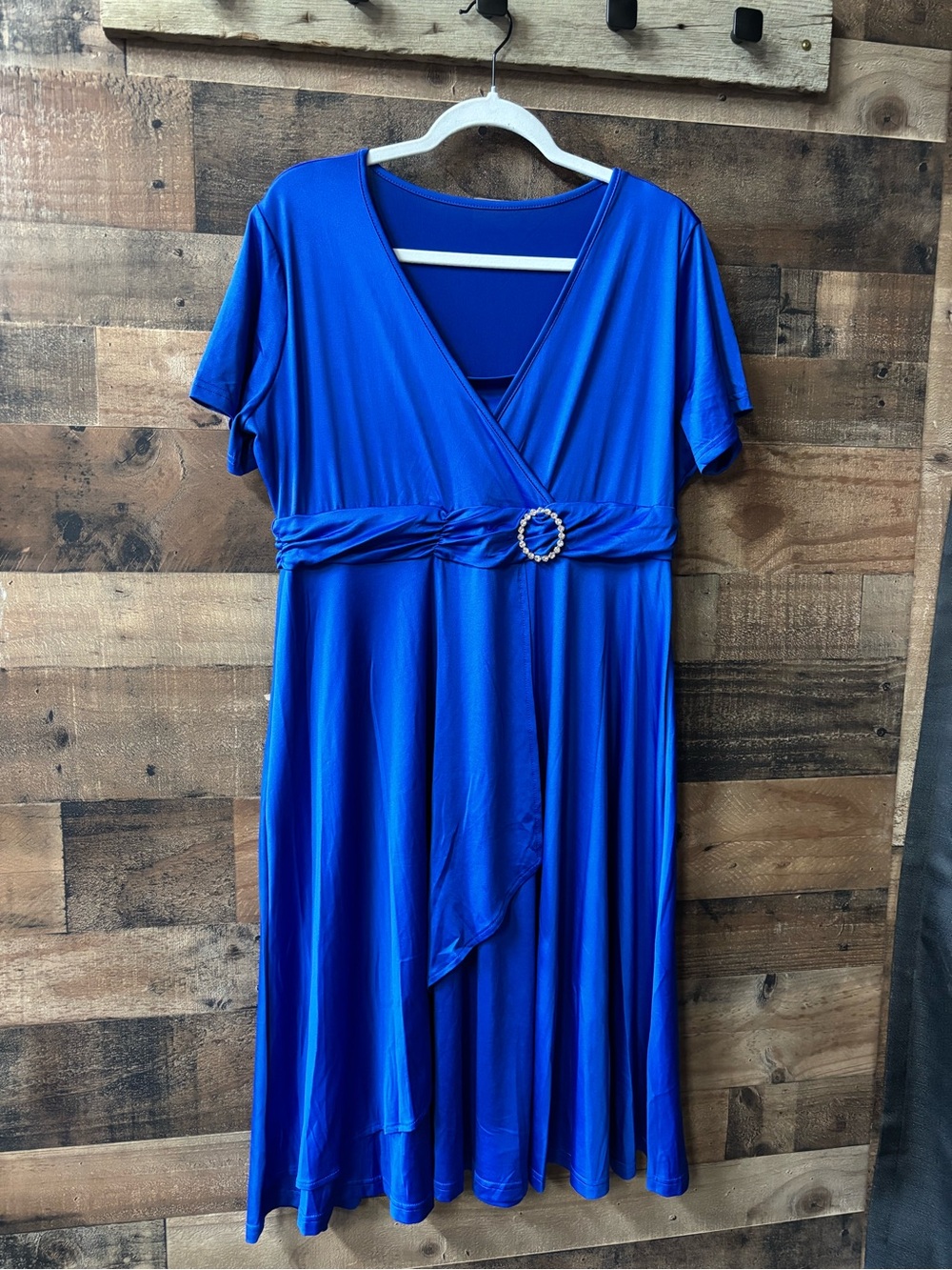 Women's Royal Blue Wrap Dress with Decorative Waist Buckle